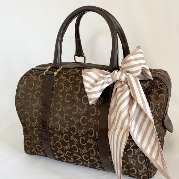 CELINE Tabou Vintage Macadam Brown Canvas Leather Bowling Bag Women - Picture 8 of 14